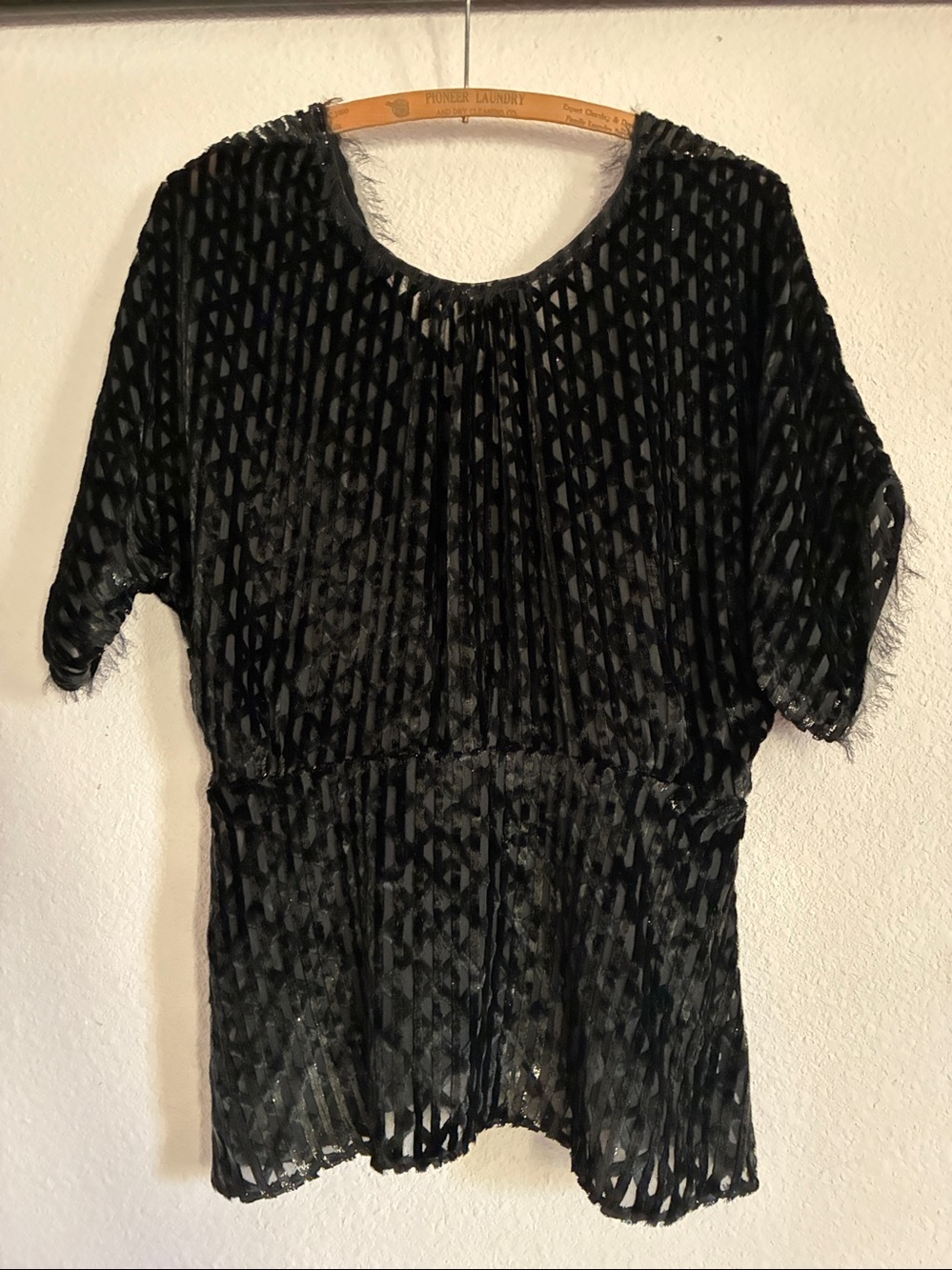 Rachel Comey Silk Burnout Velvet Black Textured Short-Sleeve Drape Top Raw Hem